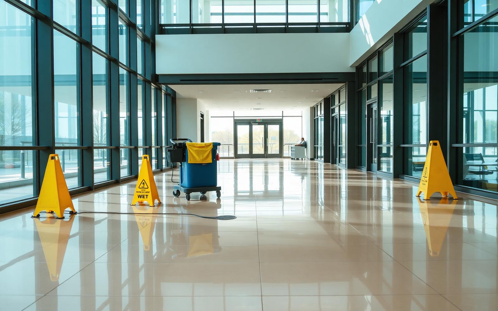 Bright commercial building lobby with polished floors